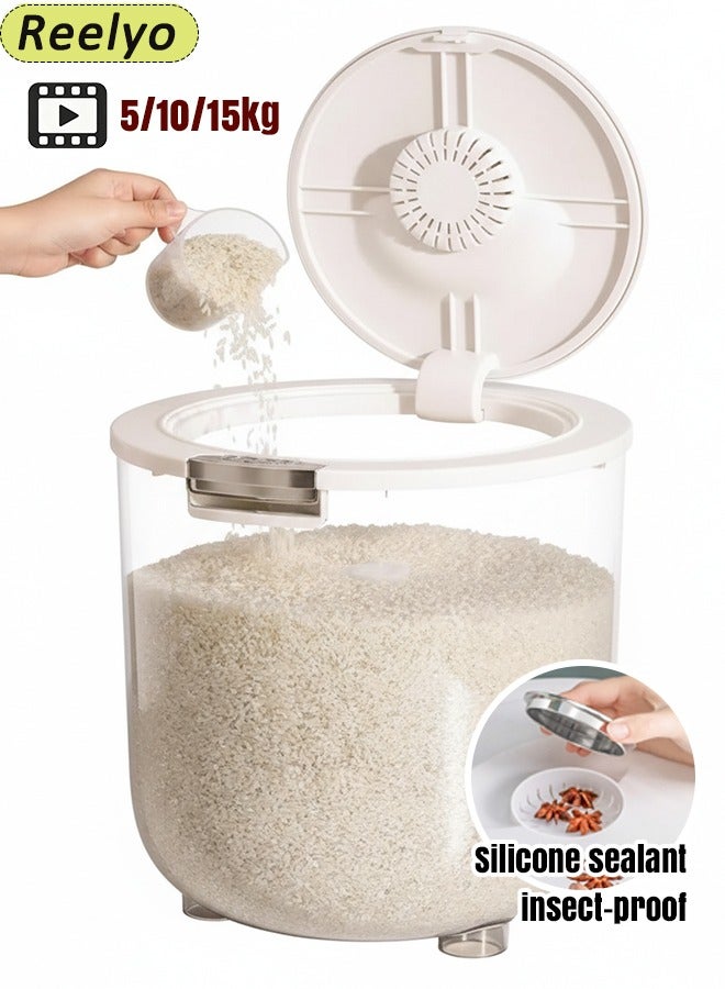 Reelyo Rice Bucket Rice Storage Container With Measuring Cup Food Dispenser Rice Container, Large Storage Container For Cereal, Household Rice Bucket Rice Holder Bin Silicone Sealed And Insect-Proof, Automatically Locks For Flour, Sugar, Oatmeal, Kitchen Pantry Organization And Storage, 5/10/15kg, White - Image 1